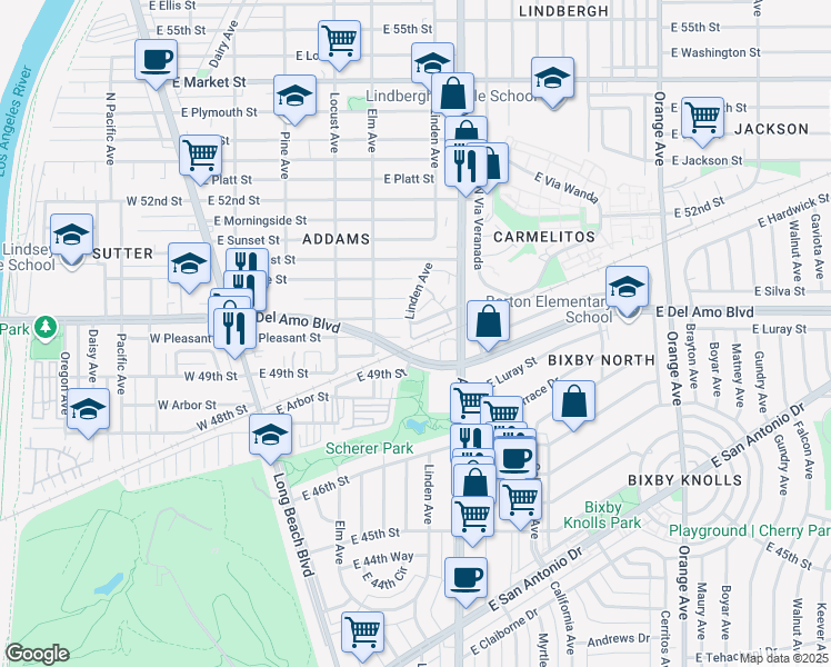 map of restaurants, bars, coffee shops, grocery stores, and more near 510 East Pleasant Street in Long Beach