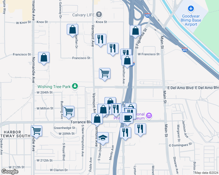 map of restaurants, bars, coffee shops, grocery stores, and more near 736 Del Amo Boulevard in Torrance