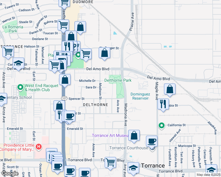 map of restaurants, bars, coffee shops, grocery stores, and more near 20429 Osage Avenue in Torrance