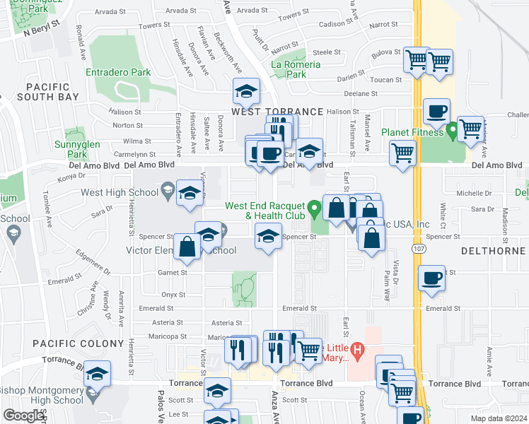 map of restaurants, bars, coffee shops, grocery stores, and more near 20430 Reynolds Drive in Torrance