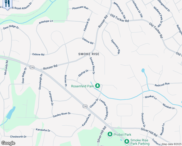 map of restaurants, bars, coffee shops, grocery stores, and more near 5413 Smoke Rise Drive in Stone Mountain