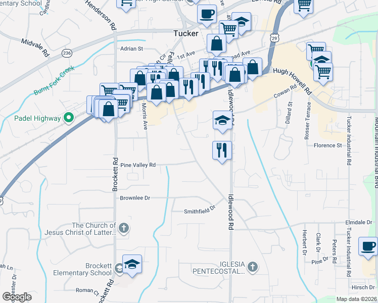map of restaurants, bars, coffee shops, grocery stores, and more near 4177 Applegate Way in Tucker