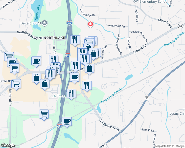 map of restaurants, bars, coffee shops, grocery stores, and more near 2125 Lavista Exec Park Drive in Tucker