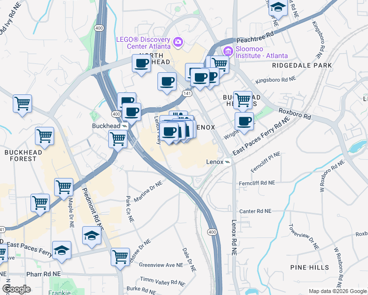 map of restaurants, bars, coffee shops, grocery stores, and more near 3393 Peachtree Road in Atlanta