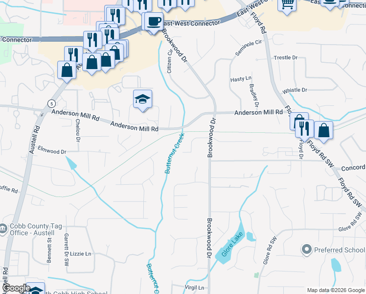 map of restaurants, bars, coffee shops, grocery stores, and more near 1384 Silvergate Drive in Mableton