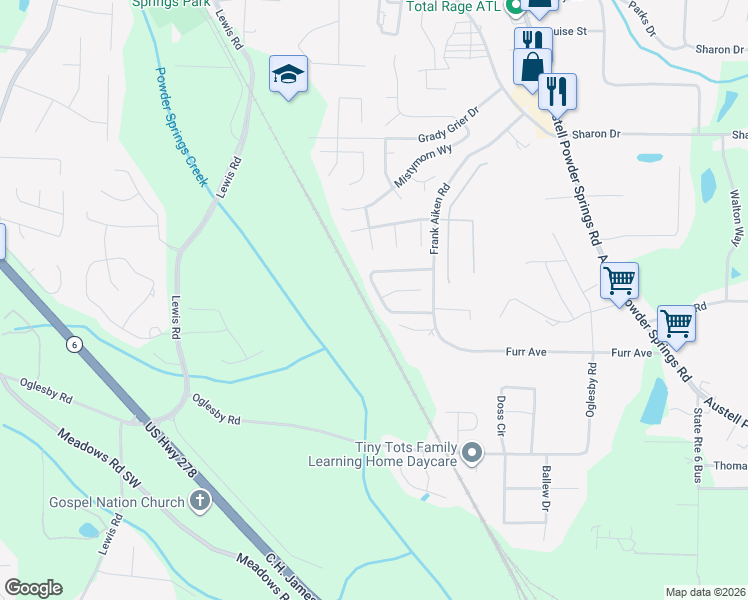 map of restaurants, bars, coffee shops, grocery stores, and more near 4334 Starboard Drive in Powder Springs