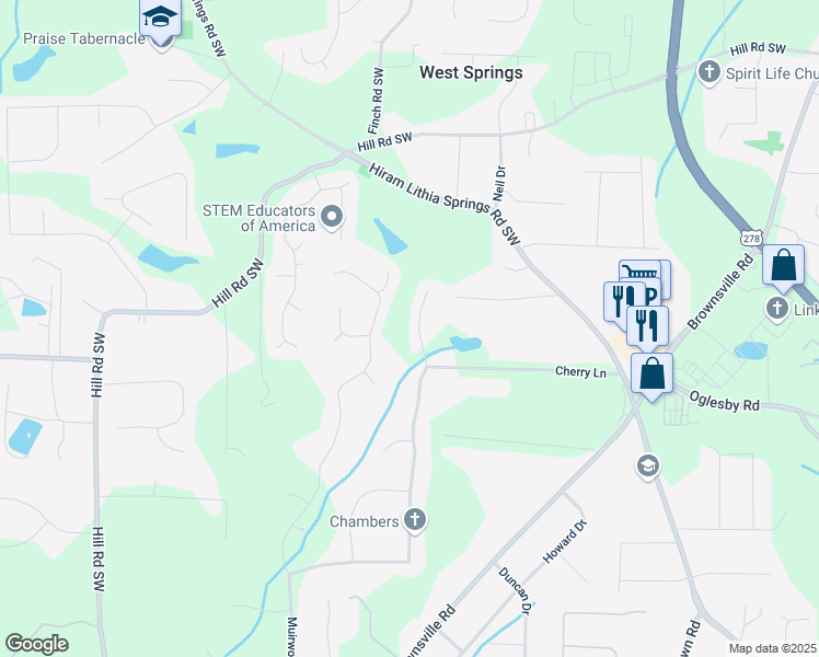 map of restaurants, bars, coffee shops, grocery stores, and more near 5245 Cherry Hill Lane in Powder Springs