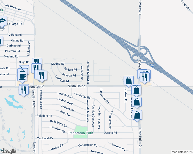 map of restaurants, bars, coffee shops, grocery stores, and more near 68571 Pasada Road in Cathedral City