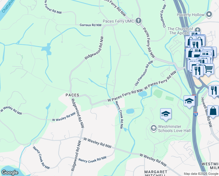 map of restaurants, bars, coffee shops, grocery stores, and more near 3350 Nancy Creek Rd NW in Atlanta