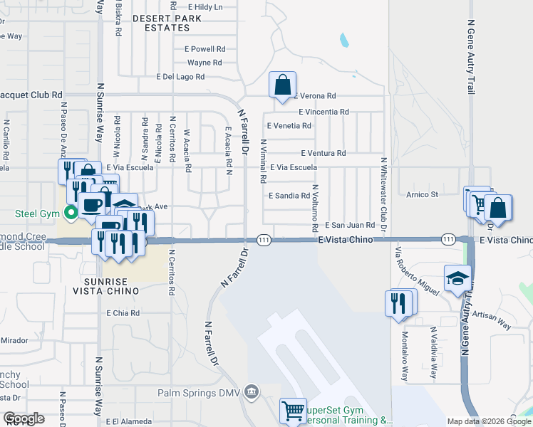 map of restaurants, bars, coffee shops, grocery stores, and more near 2705 East San Marino Road in Palm Springs