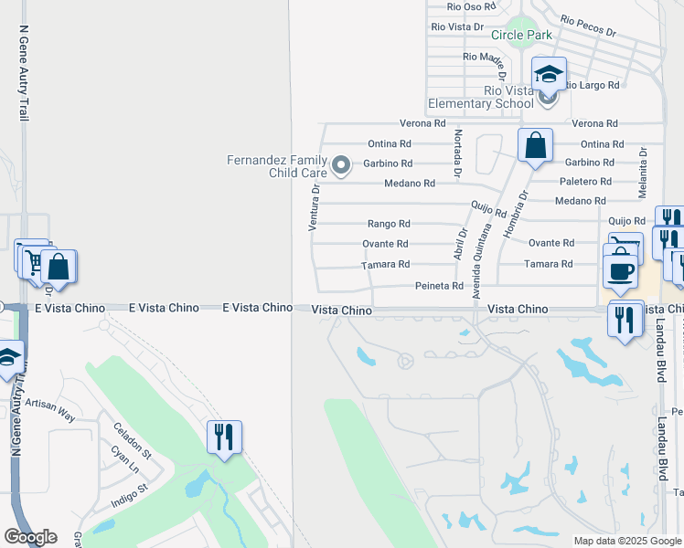 map of restaurants, bars, coffee shops, grocery stores, and more near 67165 Tamara Road in Cathedral City