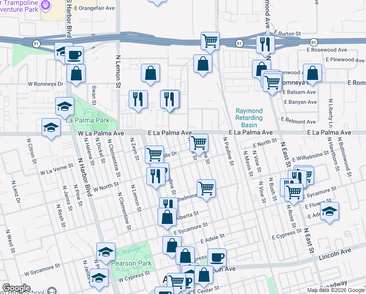map of restaurants, bars, coffee shops, grocery stores, and more near 815 North Olive Street in Anaheim