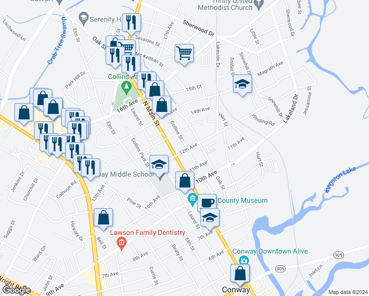 map of restaurants, bars, coffee shops, grocery stores, and more near 1202 North Main Street in Conway
