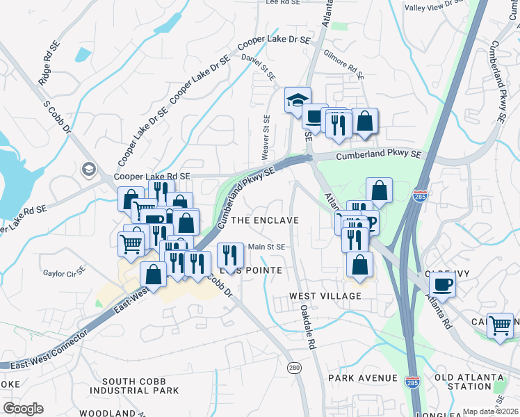 map of restaurants, bars, coffee shops, grocery stores, and more near 4435 Oakdale Vinings Landing Southeast in Smyrna