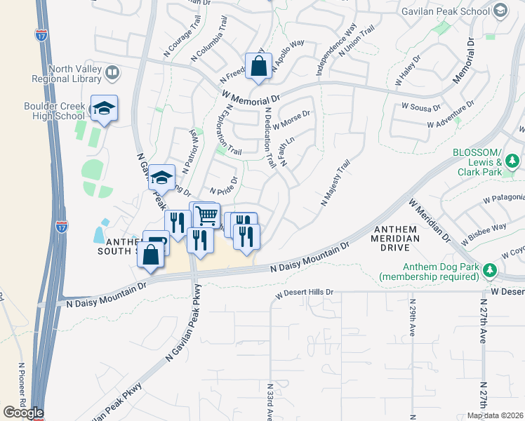 map of restaurants, bars, coffee shops, grocery stores, and more near 3313 West King Drive in New River