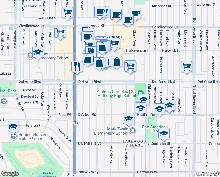 map of restaurants, bars, coffee shops, grocery stores, and more near 4851 Faculty Avenue in Long Beach