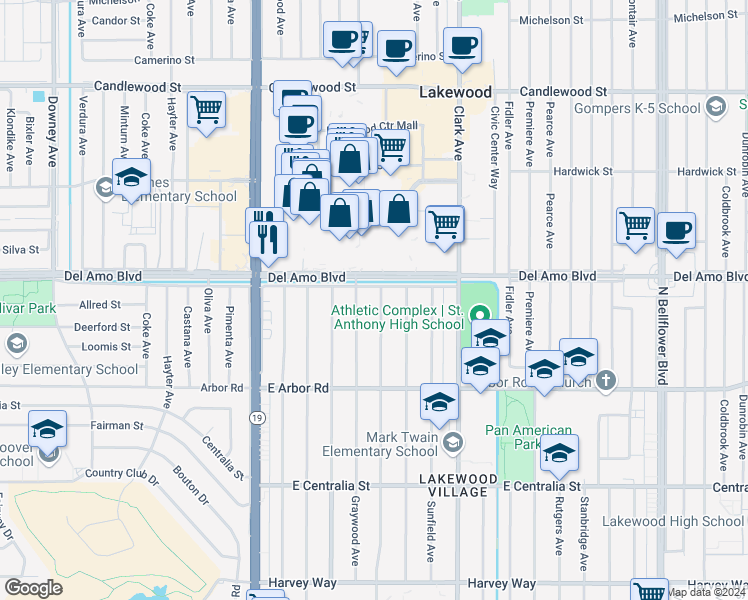 map of restaurants, bars, coffee shops, grocery stores, and more near 4851 Faculty Avenue in Long Beach