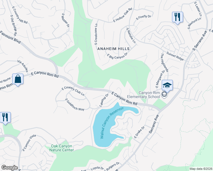 map of restaurants, bars, coffee shops, grocery stores, and more near 7321 East Nighthawk Circle in Anaheim