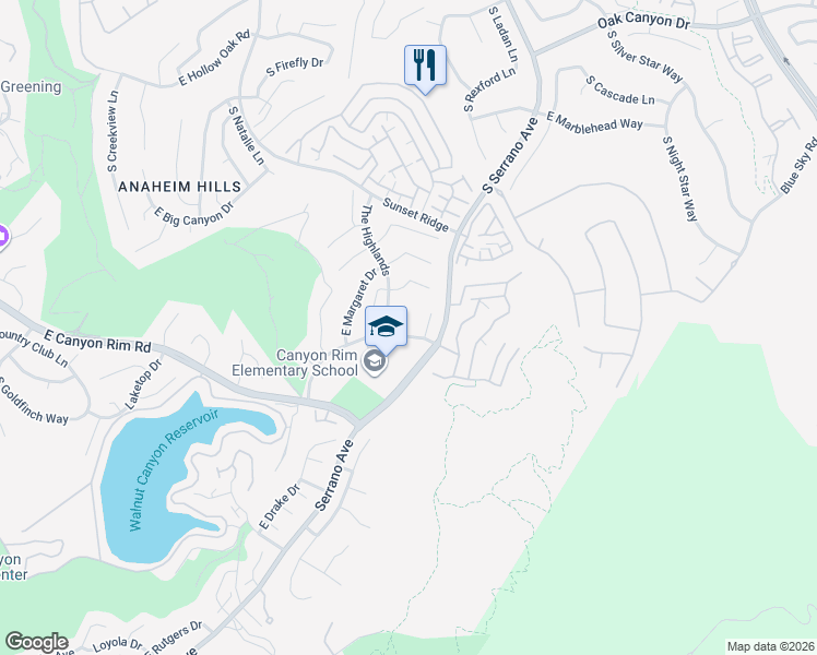 map of restaurants, bars, coffee shops, grocery stores, and more near 1060 South Highridge Court in Anaheim