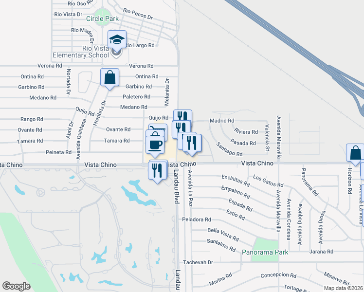 map of restaurants, bars, coffee shops, grocery stores, and more near 27800 Landau Boulevard in Cathedral City