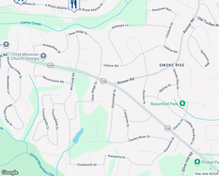 map of restaurants, bars, coffee shops, grocery stores, and more near 2110 Stoneleigh Drive in Stone Mountain