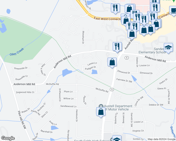 map of restaurants, bars, coffee shops, grocery stores, and more near 1981 Padgett Drive in Austell