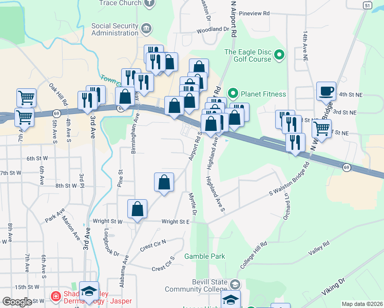 map of restaurants, bars, coffee shops, grocery stores, and more near 699 Airport Road South in Jasper