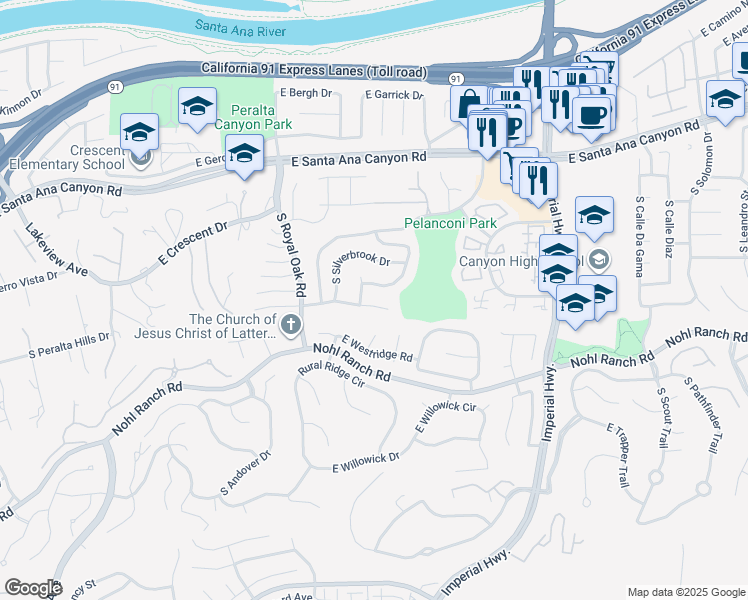 map of restaurants, bars, coffee shops, grocery stores, and more near 5375 East Honeywood Lane in Anaheim