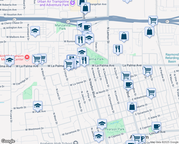map of restaurants, bars, coffee shops, grocery stores, and more near 928 North Harbor Boulevard in Anaheim