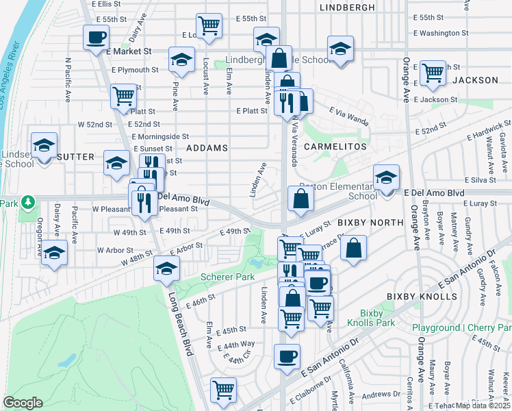 map of restaurants, bars, coffee shops, grocery stores, and more near 510 East Pleasant Street in Long Beach