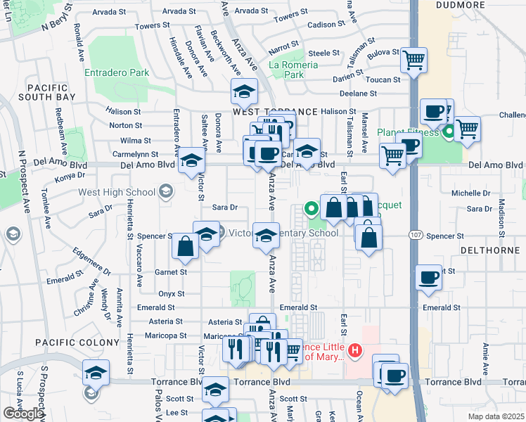 map of restaurants, bars, coffee shops, grocery stores, and more near 20415 Anza Avenue in Torrance