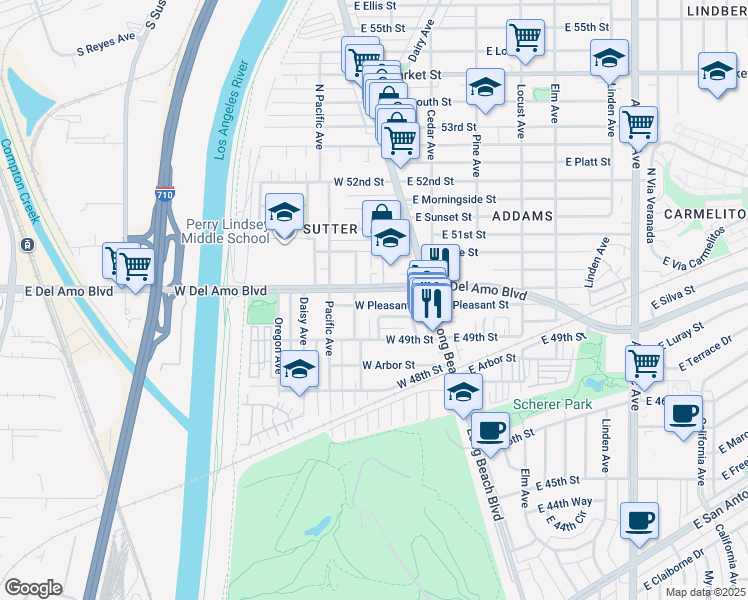 map of restaurants, bars, coffee shops, grocery stores, and more near 53 1/2 West Pleasant Street in Long Beach