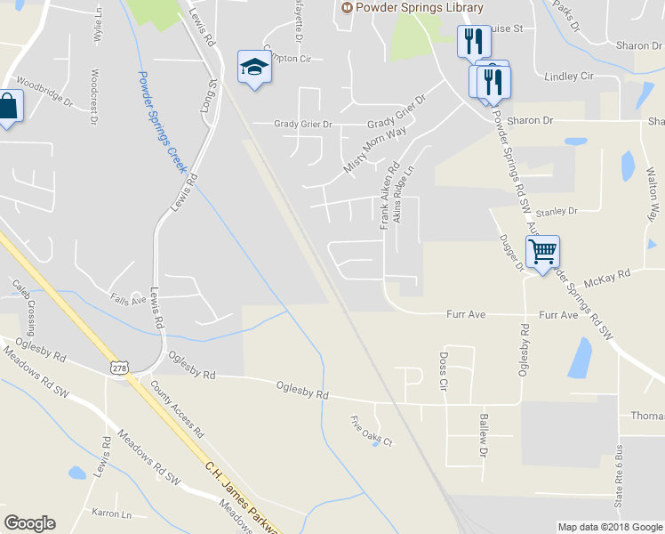 map of restaurants, bars, coffee shops, grocery stores, and more near 4334 Starboard Drive in Powder Springs