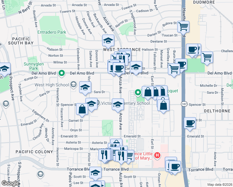 map of restaurants, bars, coffee shops, grocery stores, and more near 20415 Anza Avenue in Torrance