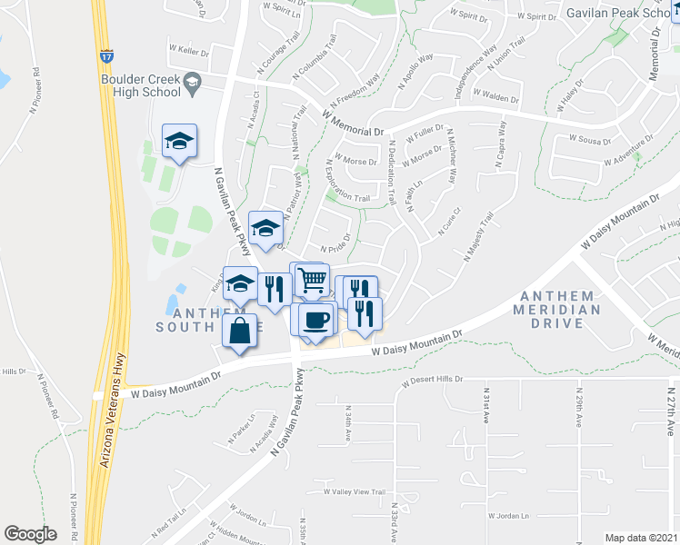 map of restaurants, bars, coffee shops, grocery stores, and more near 3411 West King Drive in New River