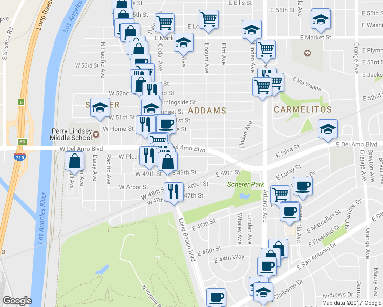 map of restaurants, bars, coffee shops, grocery stores, and more near 223 East Pleasant Street in Long Beach