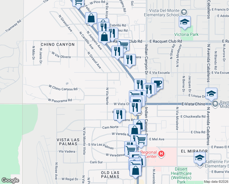 map of restaurants, bars, coffee shops, grocery stores, and more near 350 West Chino Canyon Road in Palm Springs