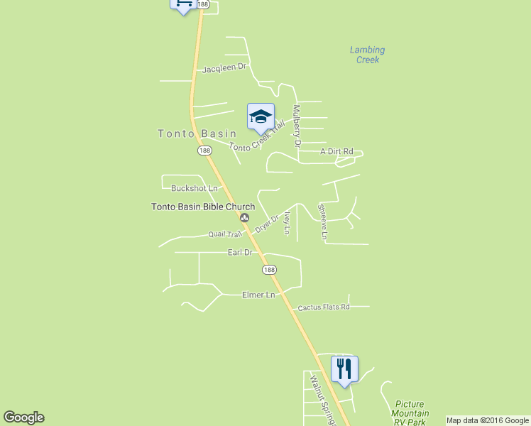 map of restaurants, bars, coffee shops, grocery stores, and more near Bethel Drive in Tonto Basin