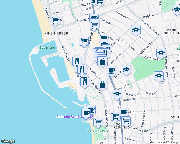 map of restaurants, bars, coffee shops, grocery stores, and more near 419 North Broadway in Redondo Beach