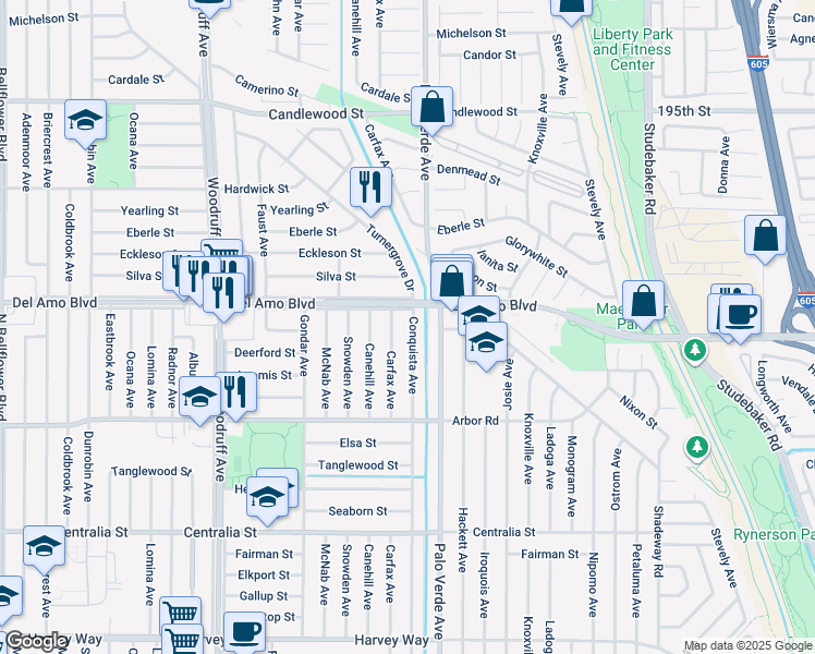 map of restaurants, bars, coffee shops, grocery stores, and more near 4843 Conquista Avenue in Lakewood