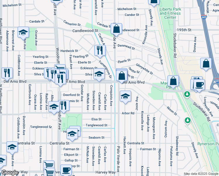 map of restaurants, bars, coffee shops, grocery stores, and more near 4843 Conquista Avenue in Lakewood