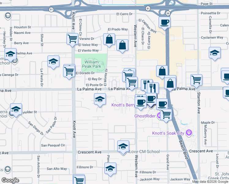 map of restaurants, bars, coffee shops, grocery stores, and more near 7300 La Palma Avenue in Buena Park