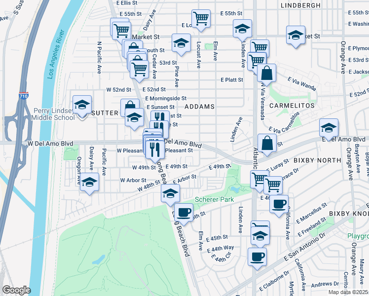 map of restaurants, bars, coffee shops, grocery stores, and more near 223 East Pleasant Street in Long Beach