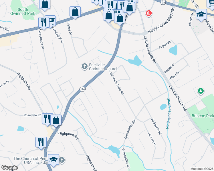 map of restaurants, bars, coffee shops, grocery stores, and more near 2544 Britt Road in Snellville