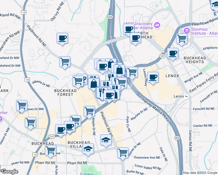 map of restaurants, bars, coffee shops, grocery stores, and more near 3322 Peachtree Road Northeast in Atlanta