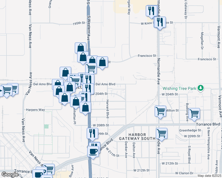 map of restaurants, bars, coffee shops, grocery stores, and more near 20315 Denker Avenue in Torrance