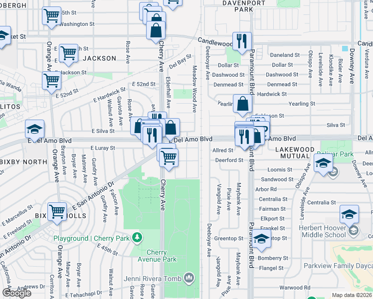 map of restaurants, bars, coffee shops, grocery stores, and more near 4801 Clair Del Avenue in Long Beach