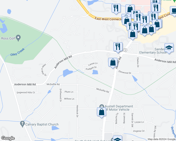 map of restaurants, bars, coffee shops, grocery stores, and more near 1983 Padgett Drive in Austell