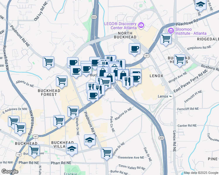map of restaurants, bars, coffee shops, grocery stores, and more near 3333 Peachtree Road Northeast in Atlanta