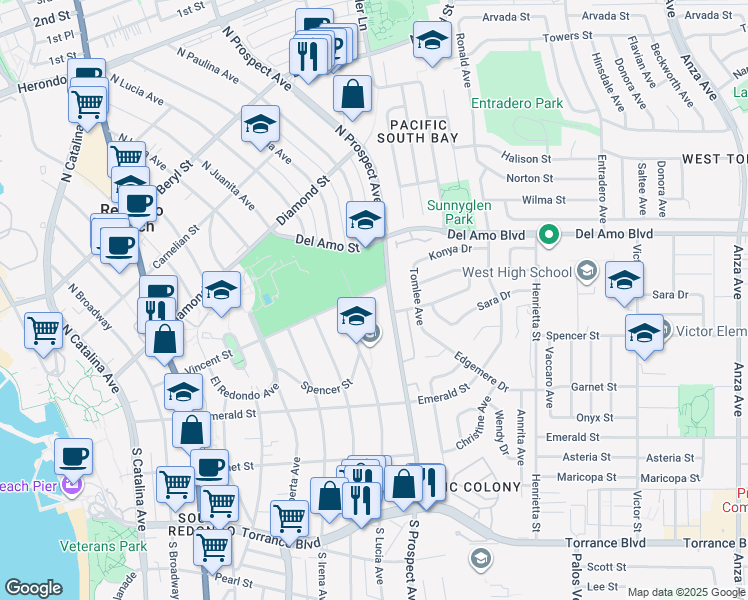 map of restaurants, bars, coffee shops, grocery stores, and more near 1118 Vincent Street in Redondo Beach